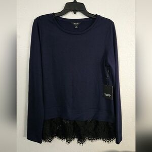 Vera Wang Dark Navy Blue Knit Long Sleeve Top With Black Lace Hem NWT